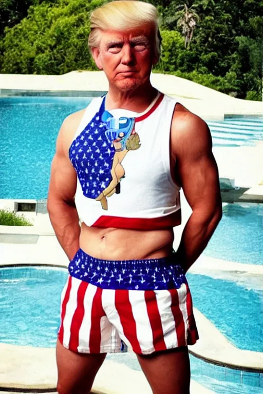 Image similar to a handsome man with blonde hair who is also a male android, ken, donald trump, muscular, wearing a cut-off white tank top and short american flag shorts, stands by a swimming pool, facing forward, in the style of artgerm and moebius and annie liebovitz, photorealistic, highly detailed