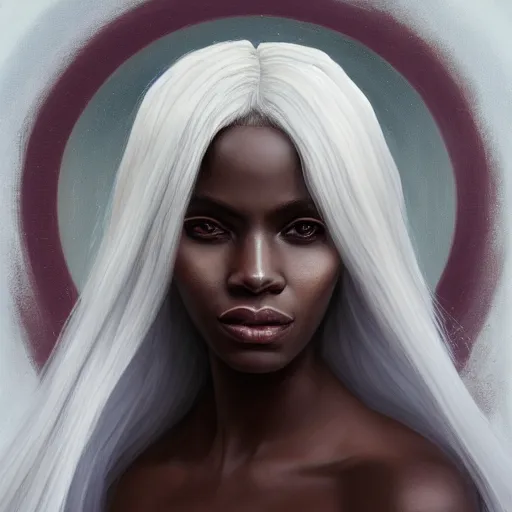 Prompt: a detailed matte oil on canvas head on symmetrical portrait of black skinned woman with! long white hair! and ( ( ( pale greenish ) ) hair, clothed by charlie bowater, lise deharme, wlop, trending on artstationhd, dungeons and dragons art critical role