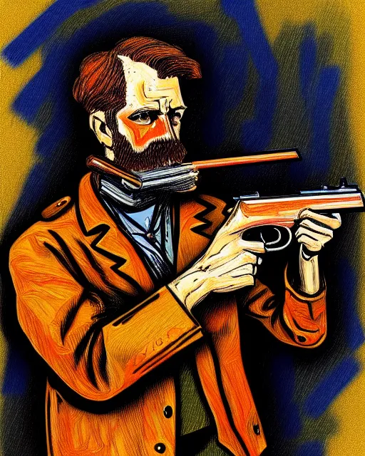 Prompt: an extremely detailed masterpiece color portrait of a 1 8 9 0's gunslinger while drawing his gun, in the style of frank auerbach, digital art