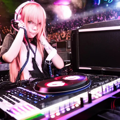 Prompt: wet rat djing at a sad anime concert