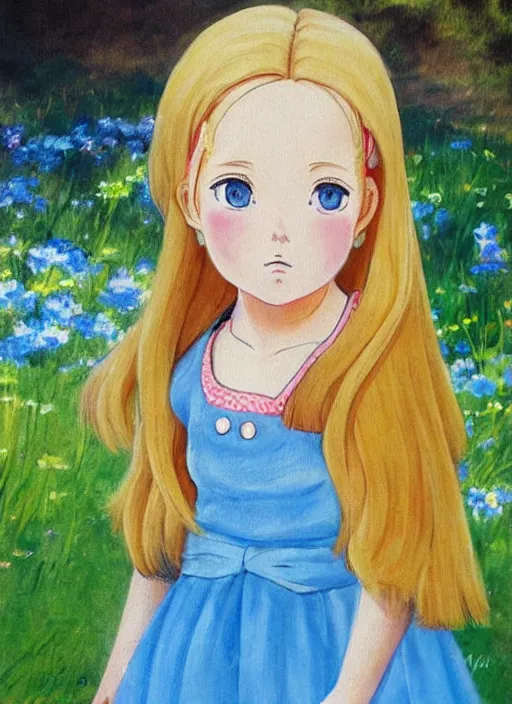 Prompt: a cute little girl with golden blonde hair and blue eyes standing in a picturesque french village wearing a sky blue summer dress. detailed face. beautiful painting by hayao miyazaki