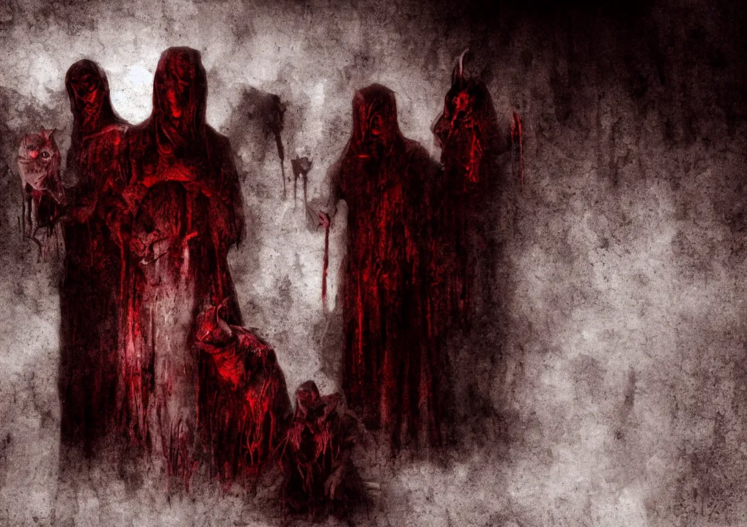 Prompt: lamb cultist digital art, deep crimson and dark shadows, black background, ambient glow, horror scene