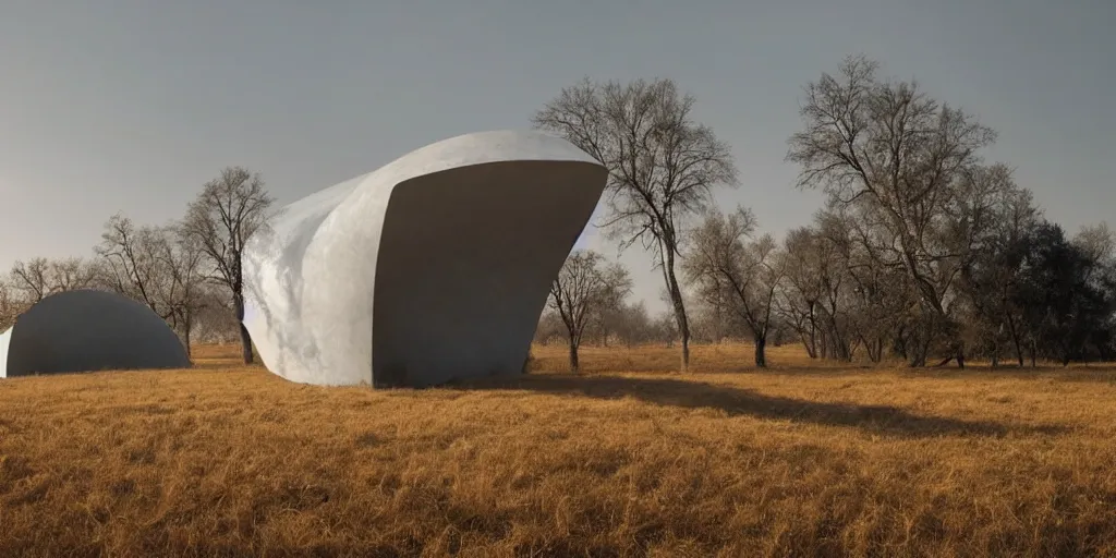 Prompt: a melted, limp, smooth grey traditional ukrainian house hut in a rural landscape in style by anish kapoor, in the parts by shih chieh huang, golden hour, film still from the movie directed by denis villeneuve with art direction by zdzisław beksinski, close up, telephoto lens