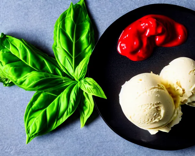 Prompt: dslr food photograph of vanilla ice cream with ketchup on, a leaf of basil on the ice cream, 8 5 mm f 1. 4