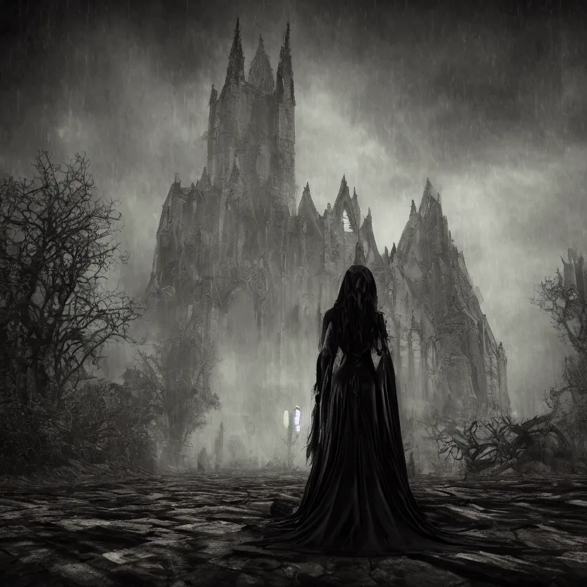 Prompt: stunning Gothic goddess of beauty, dark and mysterious, atmospheric, ominous, eerie, cinematic, Epic, 8k, 4k, ultra detail, ultra realistic, rendered by awesomeness