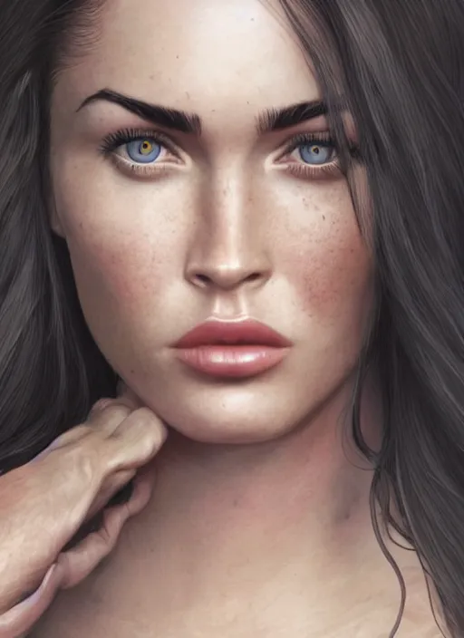 Image similar to megan fox, au naturel, hyper detailed, digital art, trending in artstation, cinematic lighting, studio quality, smooth render, unreal engine 5 rendered, octane rendered