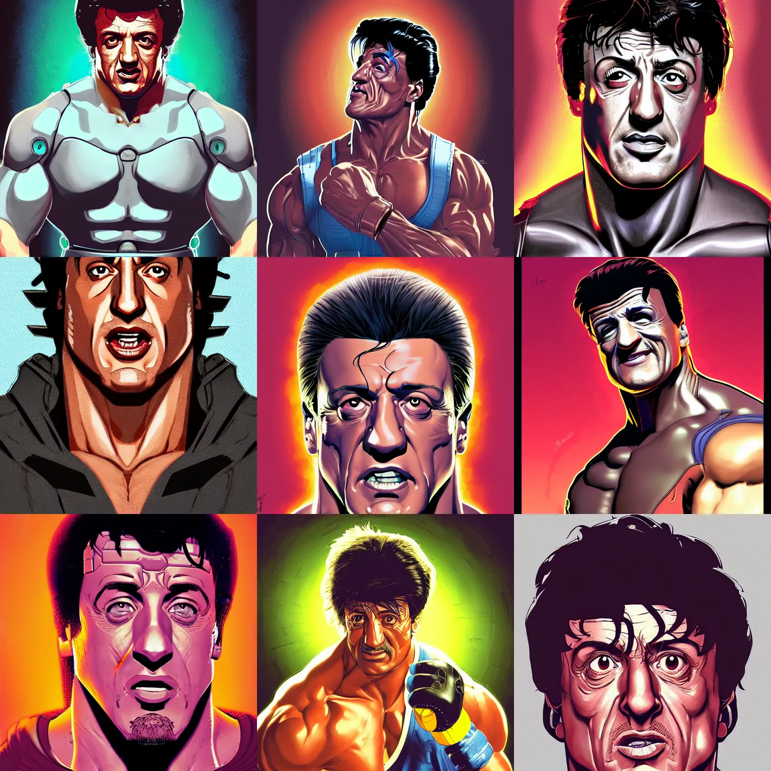 Prompt: cell shaded portrait of a cybernetic sylvester stallone rocky 3 concept art, llustration, post grunge, concept art by josan gonzales and wlop, by james jean, victo ngai, david rubin, mike mignola, laurie greasley, highly detailed, sharp focus, alien, trending on artstation, hq, deviantart, art by artgem