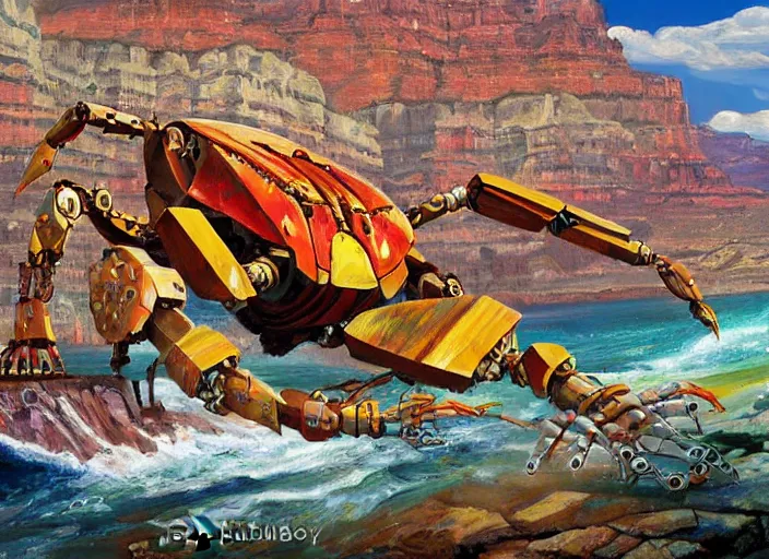 Image similar to realistic physically based rendering of a giant mechanical robot crab at the grand canyon by jack kirby!!! and simon bisley, epic, awesome trendy color palette, cinematic, claymation, by wes anderson and joop geesink, diorama