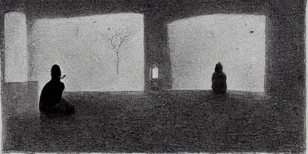 Prompt: lonely person surrounded by a strange aura in the style of Theodor Severin Kittelsen