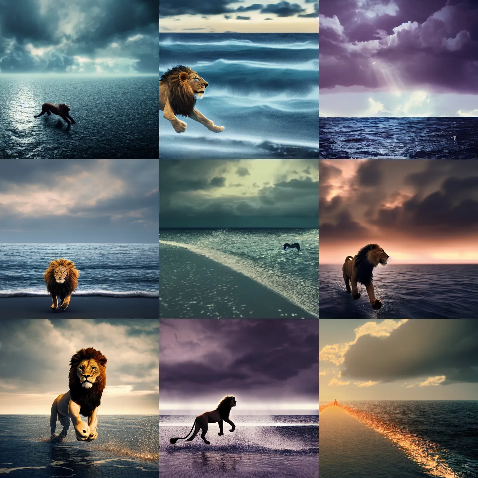 Prompt: lion running on the sea under dark clouds and volumetric light, the horizon, cinematic movie shot, 8 k, hyper render and cinematic
