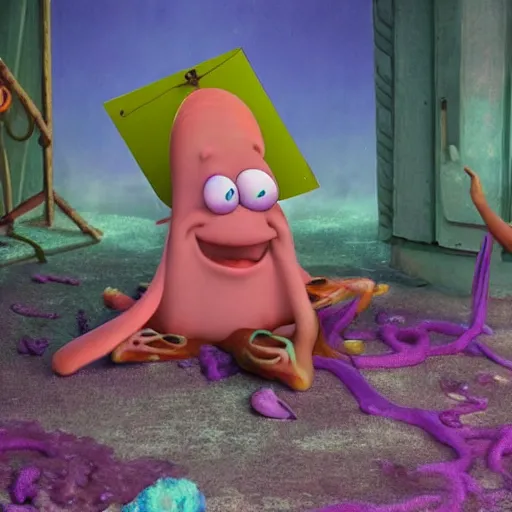 Image similar to patrick star from spongebob sacrifices squidward found footage cult photograph hyperrealistic