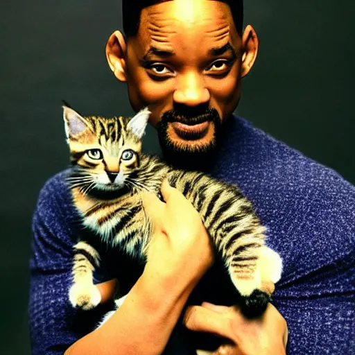 Image similar to will smith posing for a camera, holding up a kitten during an photoshoot for his early 2 0 0 0's techno album, cool coloring reminiscent of the 2 0 0 0's, album cover, y 2 k aesthetic,