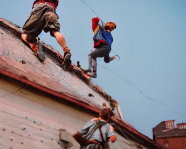 Image similar to lomo photo of roofjumpers climbing on roof of soviet hrushevka, small town, cinestill, bokeh, out of focus