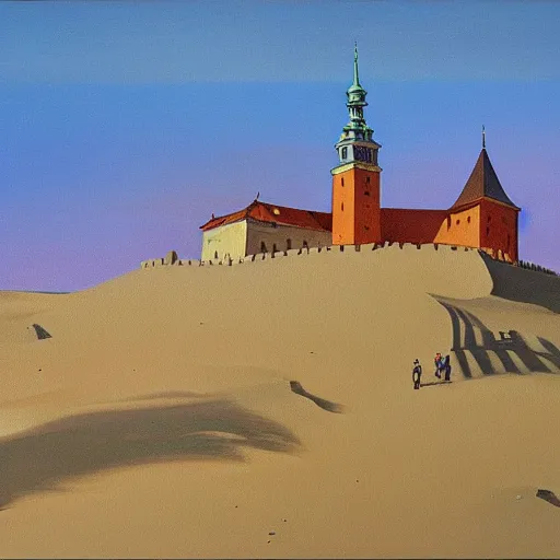 Image similar to painting of Cracow Wawel castle buried in the sands of a vast desert, most of the castle is covered in sand, beautiful lighting, detailed, realistic