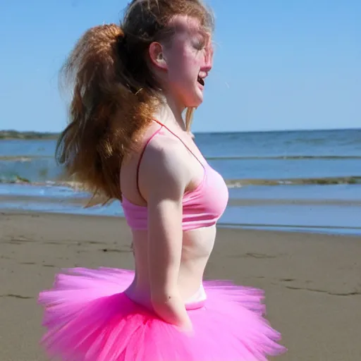 Prompt: Photo of a Sasquatch ballerina at the beach wearing a pink tutu