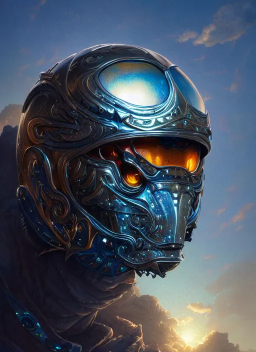 Image similar to highly detailed portrait of reflection of dragonfire on steel shiny helmet, raytracing, fantasy art by by simon bisley, loish, rhads, ferdinand knab, makoto shinkai and lois van baarle, ilya kuvshinov, rossdraws, tom bagshaw, global illumination, radiant light, detailed and intricate environment