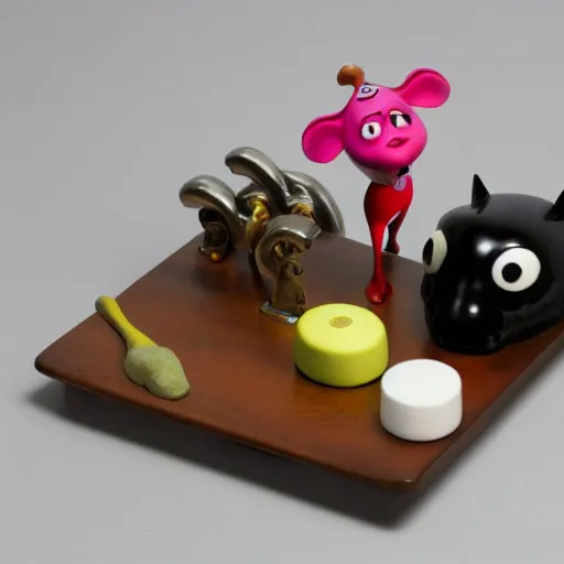 Image similar to set of balance scales with weights, weighing pixar cow figurine and pixar cat figurine in dish