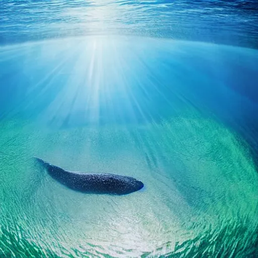 Image similar to underwater ocean, ten whales swimming to the surface, pod, family, calm, photograph, realistic, peaceful, light rays, beautiful, majestic, dapple, camera angle from below, distance,