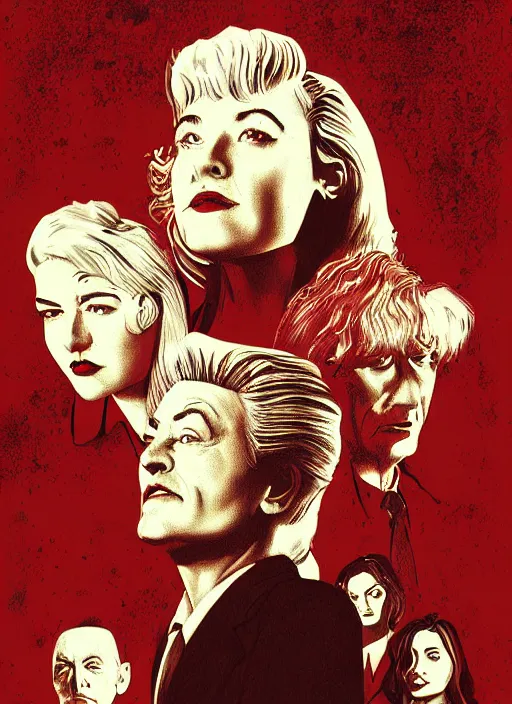 Prompt: twin peaks movie poster art by kieran yanner