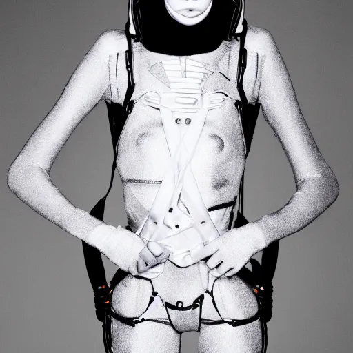 Image similar to fashion photography of an extraterrestrial model, wearing a gaz mask, wearing demobaza fashion, inside berghain, berlin fashion, harness, futuristic fashion, dark minimal outfit, photo 3 5 mm leica, hyperdetail, berghain, 8 k, very detailed, photo by nick knight