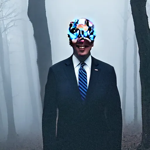 Image similar to joe biden with 4 arms standing ominously far in the foggy woods with a demonic wide smile in his face, iphone photo, creepy