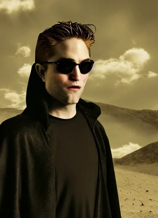 Image similar to well - shaven robert pattinson, black outfit, cape, in the style of robert pattinson, sandman, misty endless dream cinematic background, netflix sandman