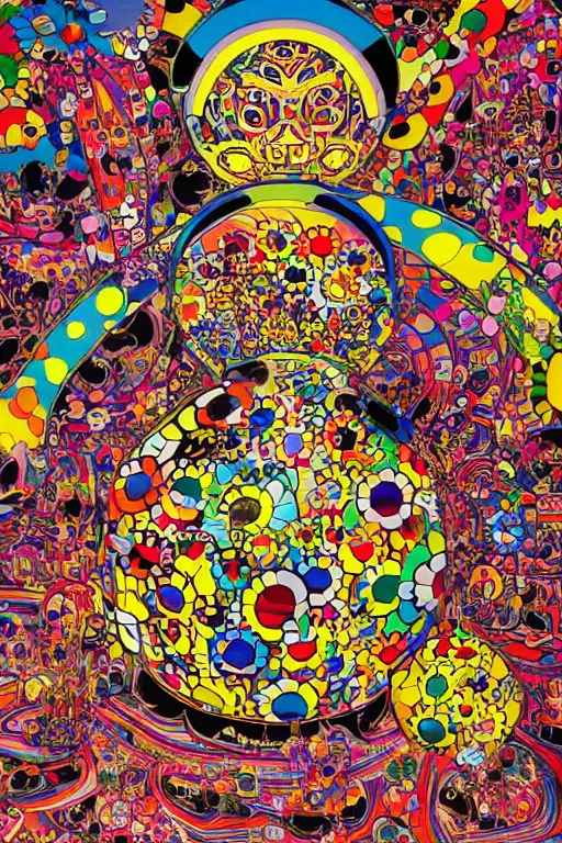 Prompt: psychedelic poster by keiichi tanaami, kiyoshi awazu, takashi murakami, vibrant, collage art, mixed media, highly detailed, very cohesive, symmetry, serenity, hypermaximalist, photo realistic