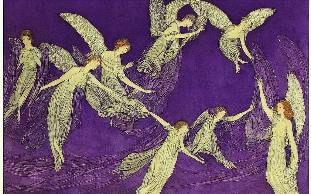 Prompt: vision of angels - a painting of a single angel flying in the sky, with a group of angels flying behind it by harry clarke and jane graverol, style of lilac