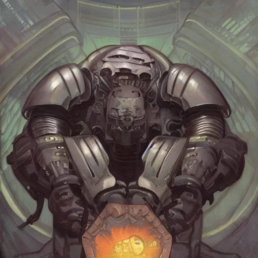 Image similar to hulking, brutish clone with vacant expression and giant isopod attached to back of neck, wearing brutalist black steel power armor and camoflauge cloak, science fiction concept art by Anato Finnstark, Alphonse Mucha, and Greg Rutkowski