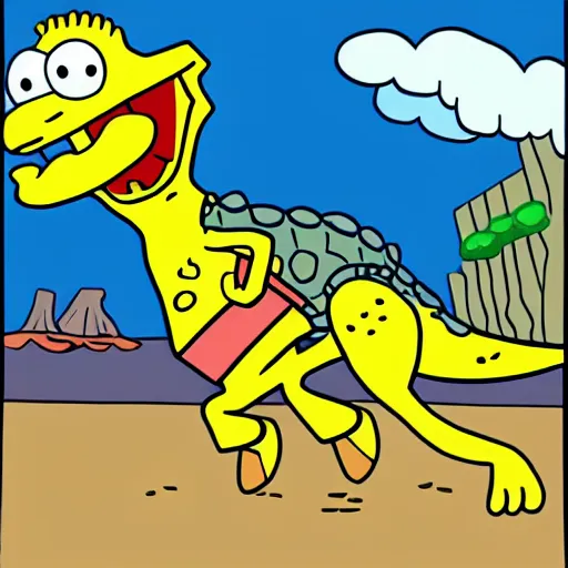 Image similar to spongebob riding a dinosaur, cartoon style