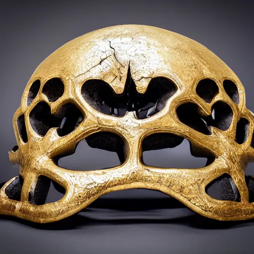 Image similar to symmetrical product photograph of a highly detailed ominous helmet made from animal skulls and gold inlay, damaged