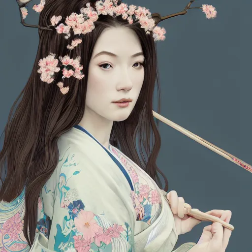 Image similar to side portrait of a young woman wearing a kimono, cherry blossom crown, long hair, hair down, headshot, hyper realistic, pale skin, 4k, rule of thirds, extreme detail, detailed drawing, trending artstation, hd, fantasy, D&D, realistic lighting, by Alphonse Mucha, Greg Rutkowski, sharp focus, backlit, elegant