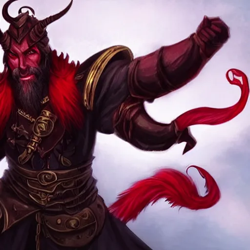 Image similar to dnd portrait of a tiefling, male, red scales, a big black beard, completely golden eyes,