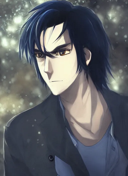 Image similar to anime style portrait, trending on pixiv, black - haired handsome male vampire, focus on face, pretty, cinematic lighting, painterly, long hair, wearing a dark blue shirt, light brown trenchcoat
