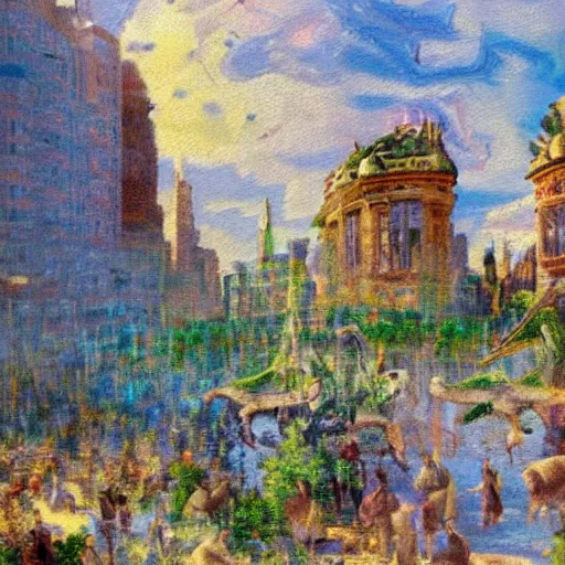 Image similar to impressionist painting of a utopian stone city with dinosaurs