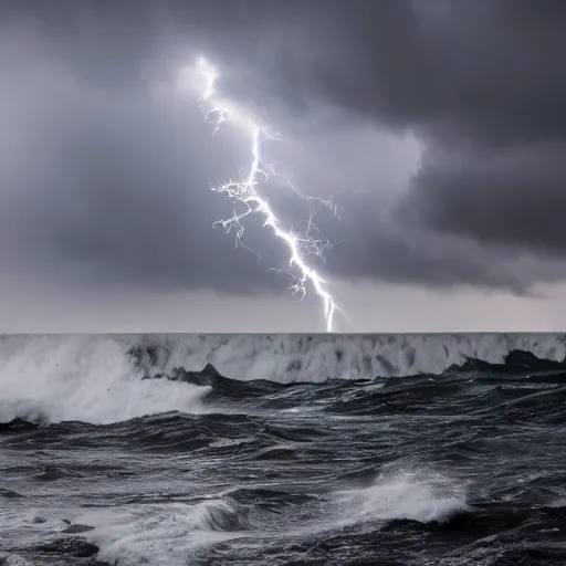 Image similar to Stormy sea, big waves, rain, lightning, gray clouds, old wooden ship, giant tentacles rising from water, Canon EOS R3, f/1.4, ISO 200, 1/160s, 8K, RAW, unedited, symmetrical balance, in-frame.