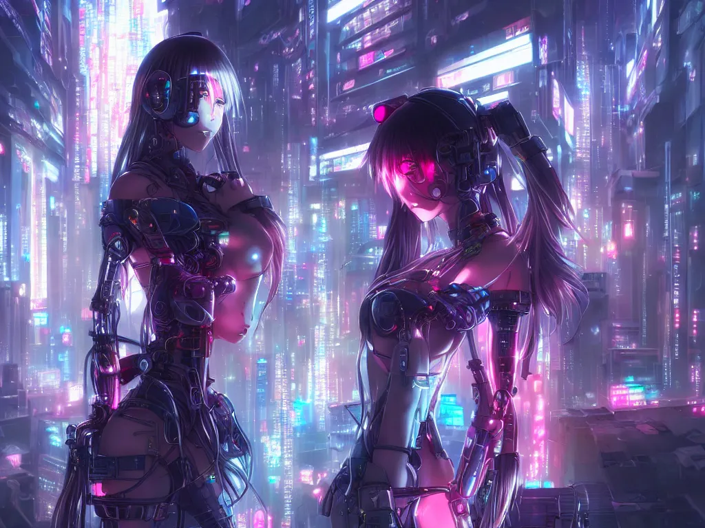 Image similar to anime visual of portrait futuristic cyber warrior girl, in future cyberpunk tokyo rooftop, ssci - fi, fantasy, intricate, very very beautiful, elegant, neon light, highly detailed, digital painting, artstation, concept art, smooth, sharp focus, illustration, art by wlop and tian zi and artgerm