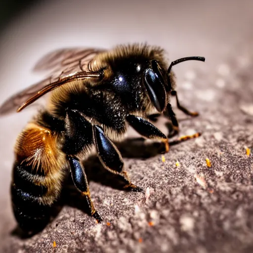 Prompt: macro photo of bee wearing jacket, from nature journal, 1 / 1 0 0 0 sec shutter, action photo, sigma 1 0 5 mm f 2. 8