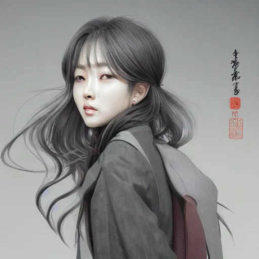 Image similar to dynamic composition, motion, ultra-detailed, incredibly detailed, a lot of details, amazing fine details and brush strokes, colorful and grayish palette, smooth, HD semirealistic anime CG concept art digital painting, watercolor oil painting of a young office lady, by a Chinese artist at ArtStation, by Huang Guangjian, Fenghua Zhong, Ruan Jia, Xin Jin and Wei Chang. Realistic artwork of a Chinese videogame, gradients, gentle an harmonic grayish colors.