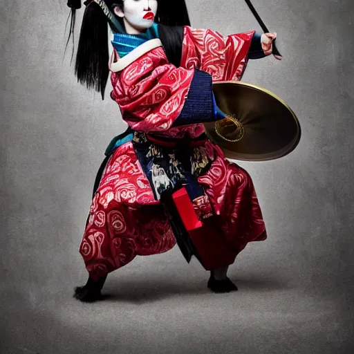 Image similar to geisha as a samurai, in battle, advertising photography