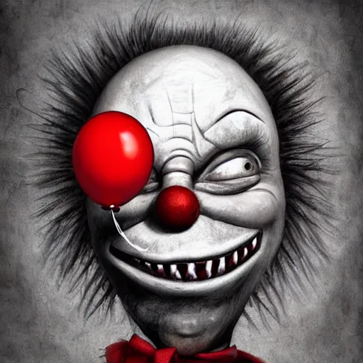 Prompt: surrealism grunge cartoon portrait sketch of clown with a wide smile and a red balloon by - michael karcz, loony toons style, freddy krueger style, horror theme, detailed, elegant, intricate