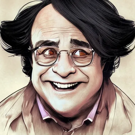 Image similar to DAnny Devito as anime waifu, anime, weeb, die cut sticker , intricate, elegant, highly detailed, digital painting, artstation, concept art, smooth, sharp focus, illustration, art by artgerm and greg rutkowski and alphonse mucha and francisco goya