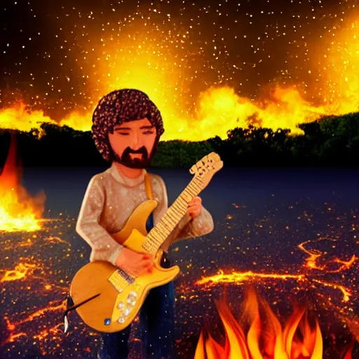 Prompt: bokeh photo of jesus rocking out with electric guitar surrounded by fire, with meteor shower in the background