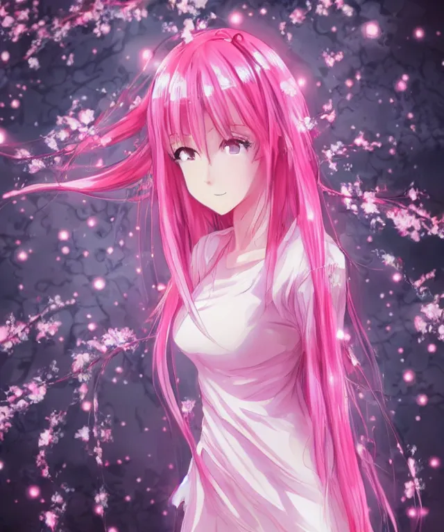 Image similar to anime girl, light pink hair with pink flames, video game, cherry blossoms, neo tokyo, symmetrical, highly detailed, cute