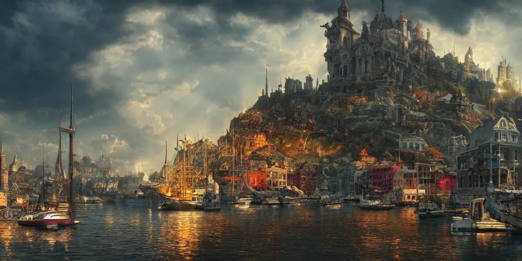 Image similar to beautiful seventeenth century harbour city, vivid colors, gorgeous clouds, god rays, digital art, landscape, fantasy art, octane render, ureal engine, high detail, very realistic, by giger