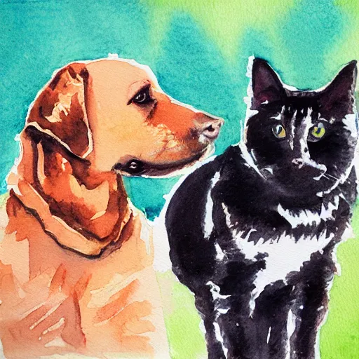 Prompt: A dog and a cat, watercolour