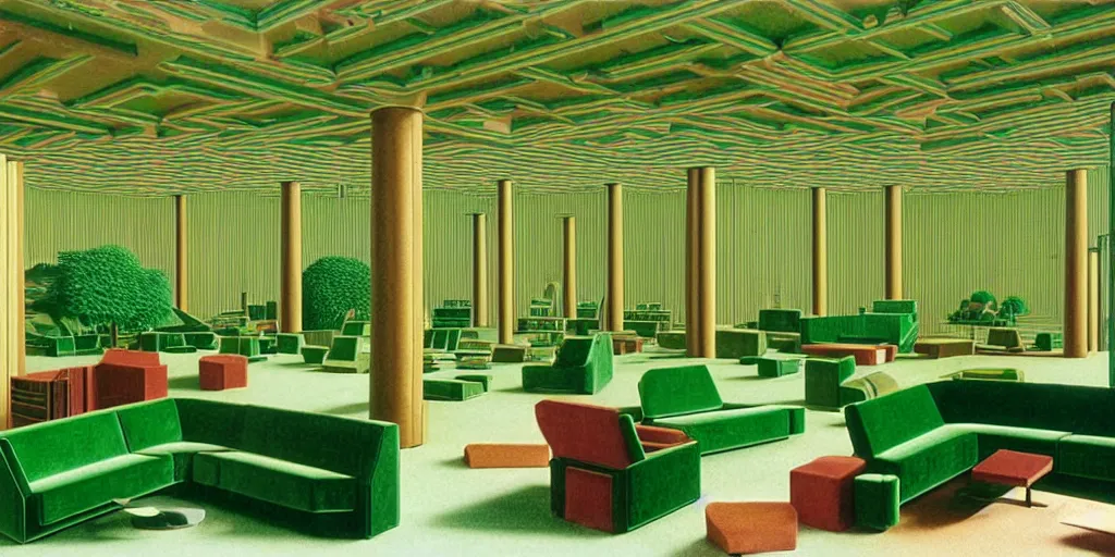 Image similar to huge sprawling gargantuan angular dimension of infinite indoor landscape 7 0 s green velvet and wood with metal office furniture. surrealism, mallsoft, vaporwave. muted colours, 7 0 s office furniture catalogue, shot from above, endless, neverending epic scale by escher and ricardo bofill, salvador dali landscape