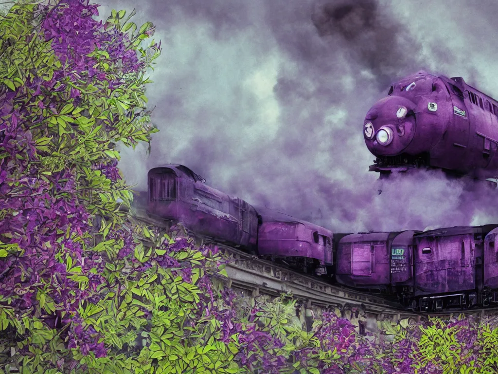 Prompt: juxtaposition dystopian, a fish next to a train with purple flower, smoky, abstract, surrealism