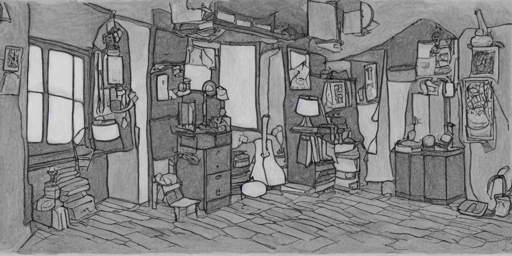 Image similar to studio Ghibli, the interior of a small cottage, black and white drawing