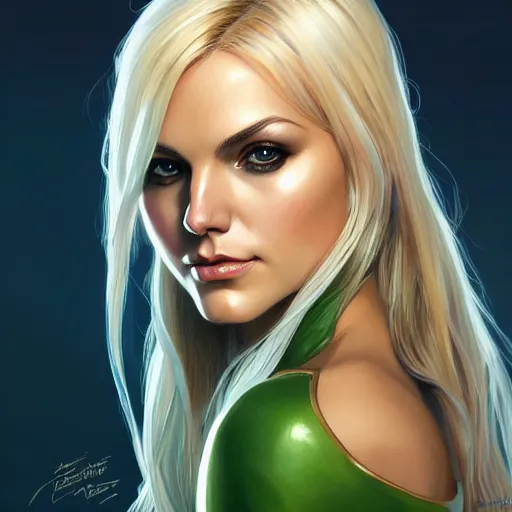 Image similar to Blonde Victoria Justice with green eyes as Emma Frost, western, D&D, fantasy, intricate, elegant, highly detailed, digital painting, artstation, concept art, matte, sharp focus, illustration, art by Artgerm and Greg Rutkowski and Alphonse Mucha